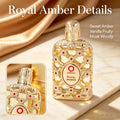 A gold perfume bottle with ornate filigree and a zoomed-in detail view of the bottle's cap.