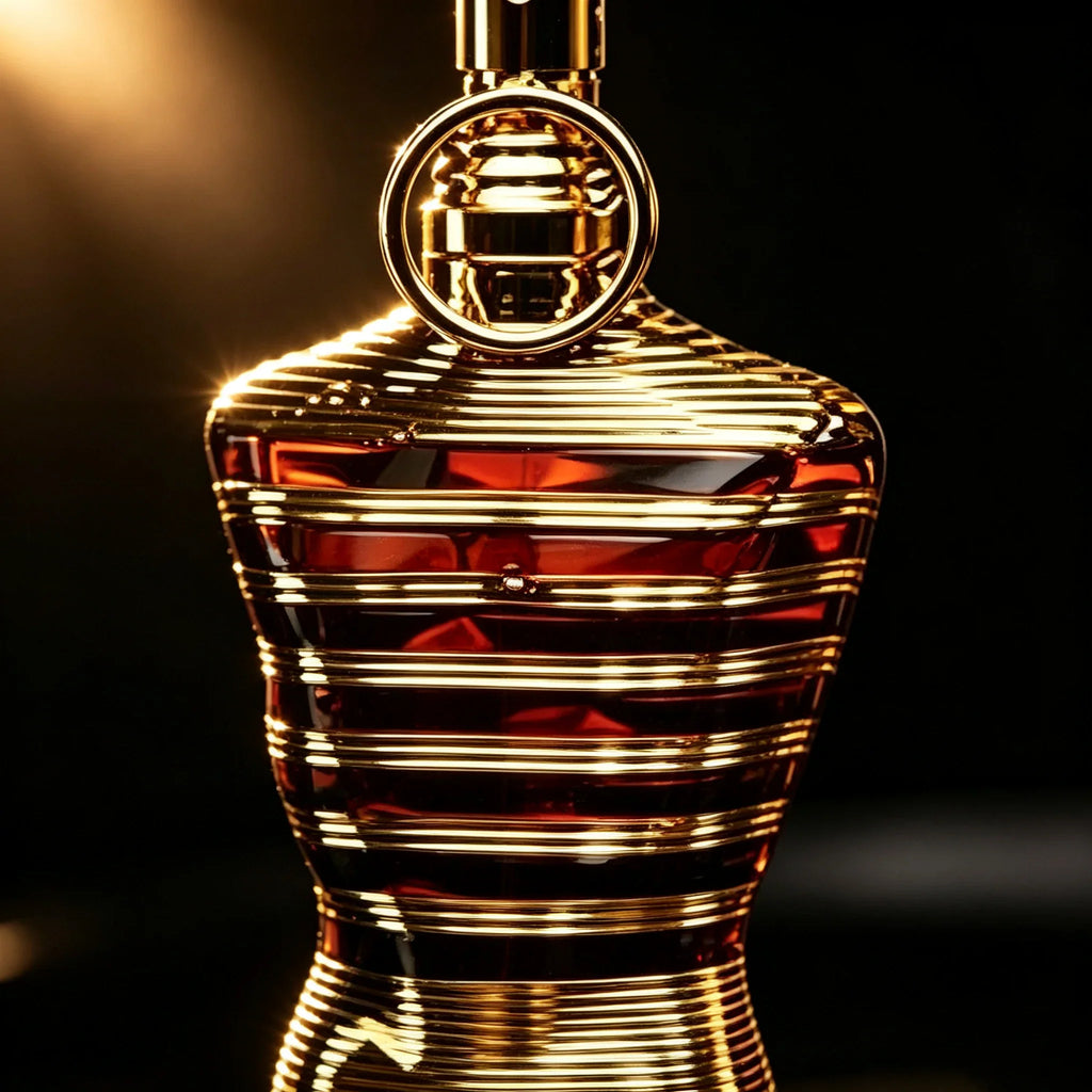 Close up of a gold striped male torso shaped perfume bottle