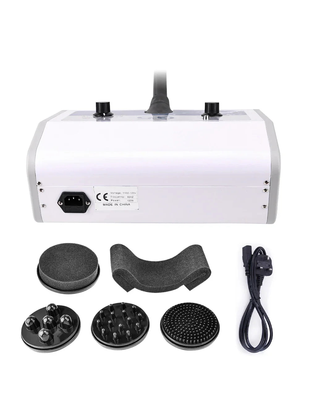 Rear view of G5 vibrating body massage machine with power input and set of massage attachments