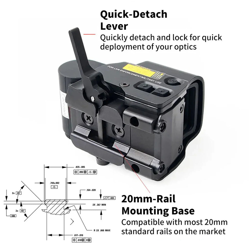 Rear view of tactical holographic sight showing quick detach lever and rail mounting base