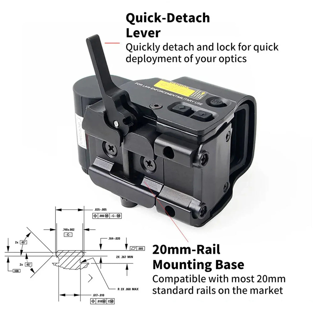 Rear view of tactical holographic sight showing quick detach lever and rail mounting base