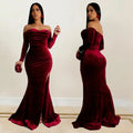 Burgundy velvet off-shoulder long evening dress with high slit