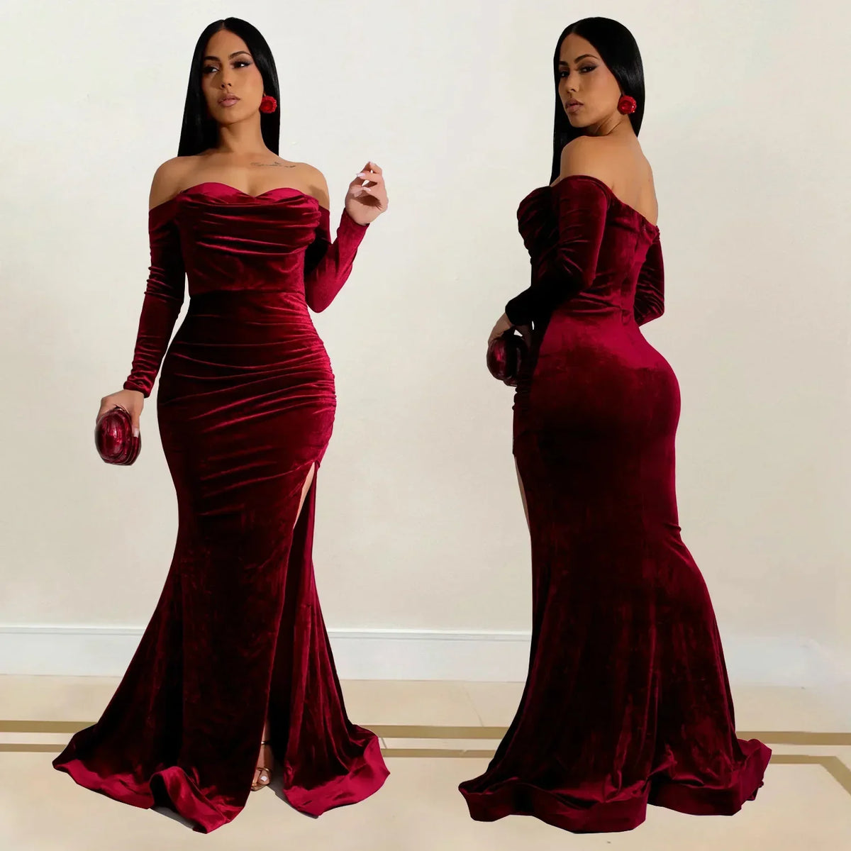 Burgundy velvet off-shoulder long evening dress with high slit
