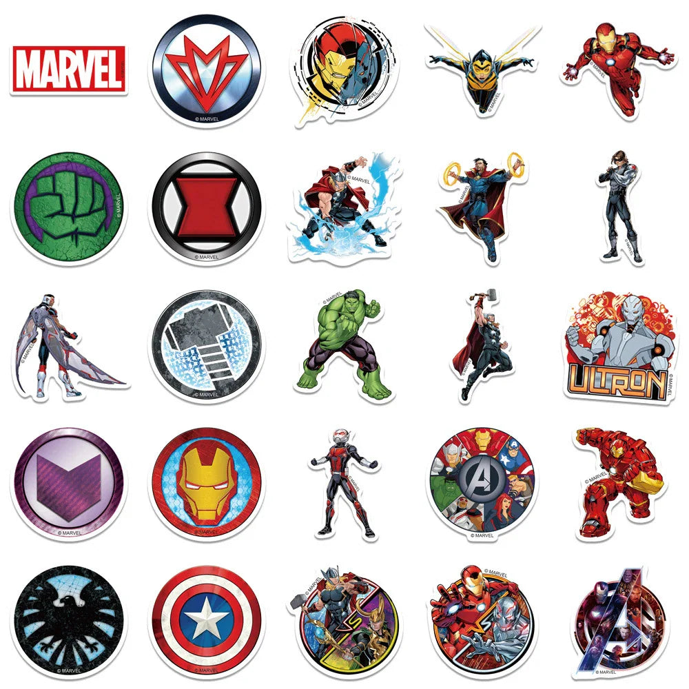 A sheet of assorted circular and shaped superhero character and emblem stickers