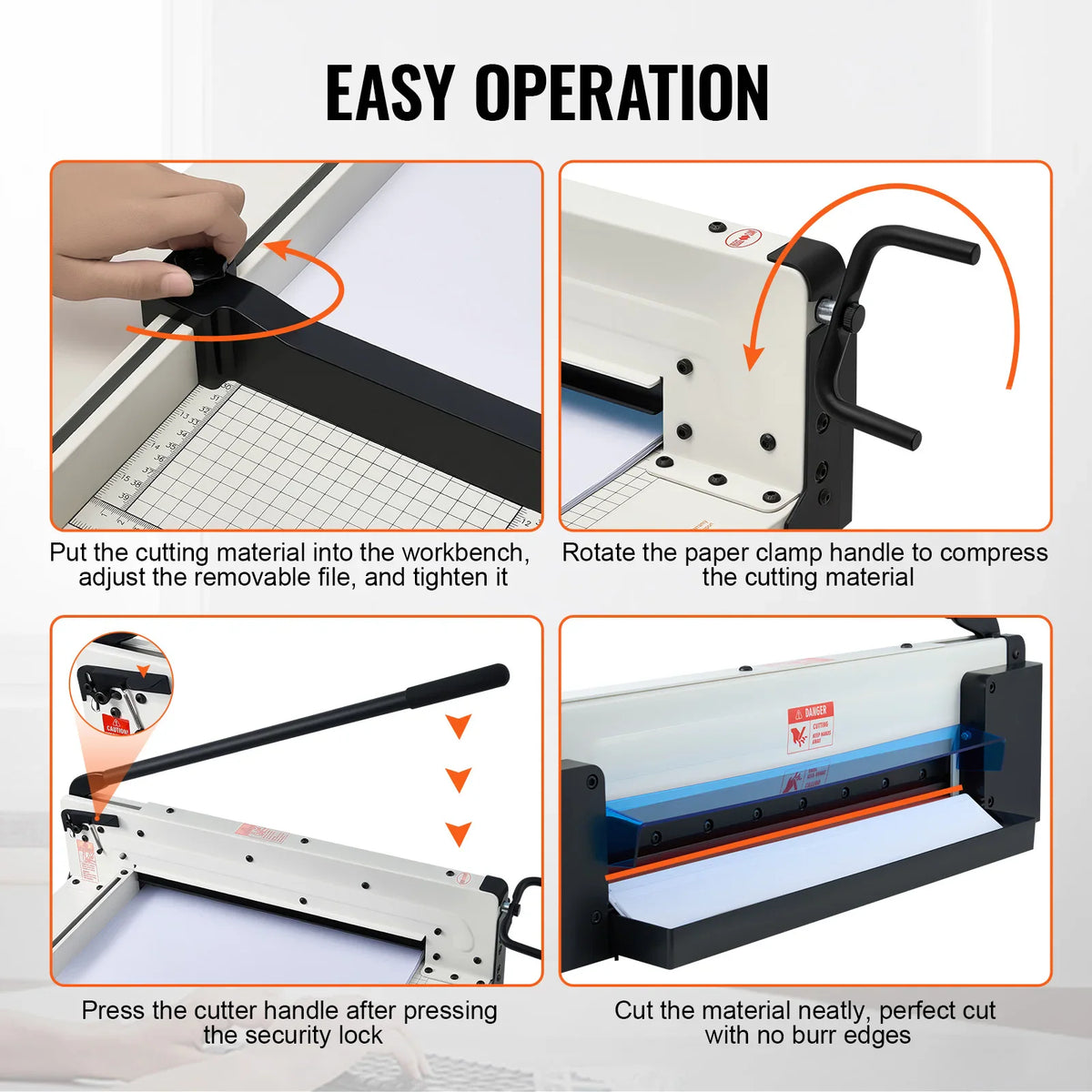 Step-by-step instructions for operating an industrial paper cutter.