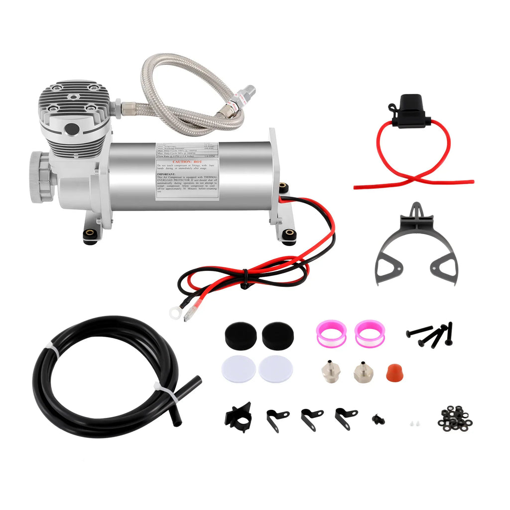 Portable air compressor unit with included hoses, wiring harness, and mounting hardware