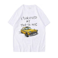 White unisex t-shirt with a graphic of a yellow NYC taxi and the text I Survived My Trip To NYC