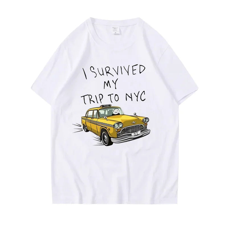 White unisex t-shirt with a graphic of a yellow NYC taxi and the text I Survived My Trip To NYC