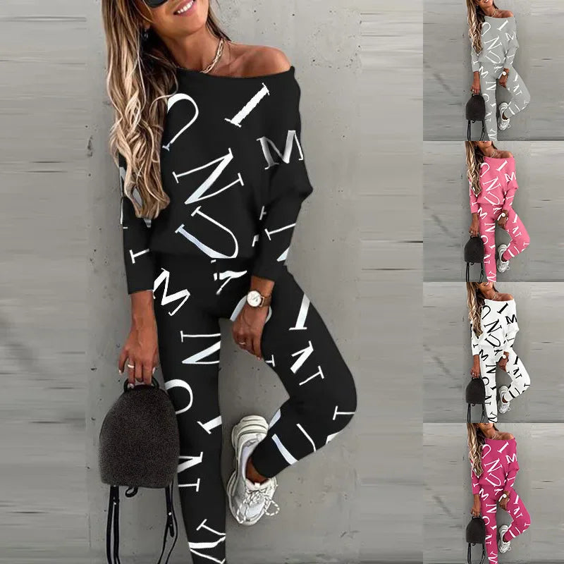Women's black long sleeve top and pants tracksuit with white letter print