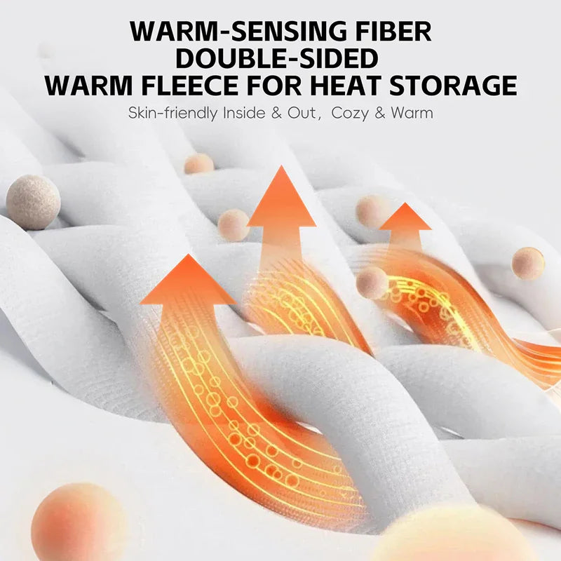 Close-up view of warm-sensing, double-sided fleece fabric texture with heat transfer illustrations