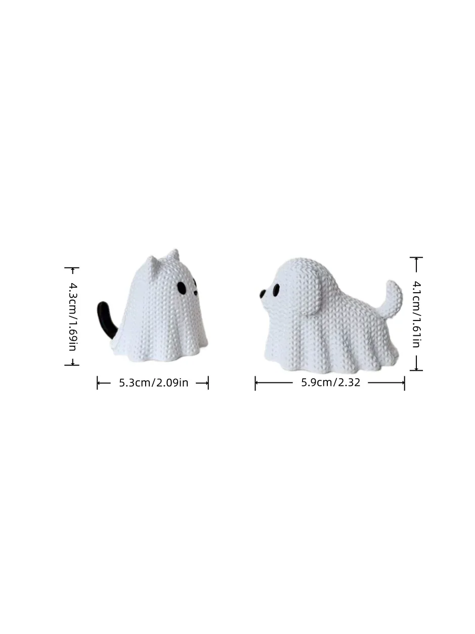 Dimensions diagram of small white ghost cat and ghost dog decorative ornaments
