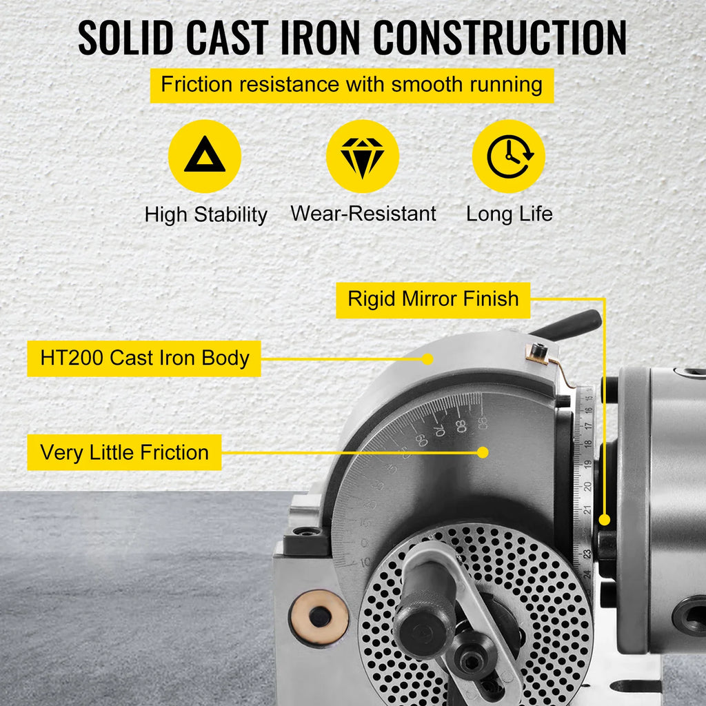 Solid cast iron 3-jaw dividing head features and specifications