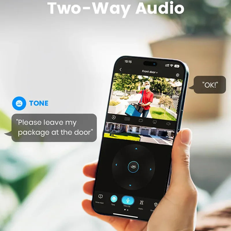 Person using smartphone app for two-way audio communication with delivery person