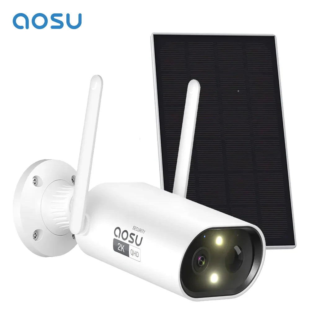 White solar-powered outdoor wireless security camera with antenna