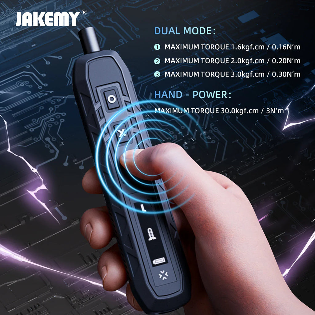 Electric precision screwdriver showing torque specifications and hand power settings