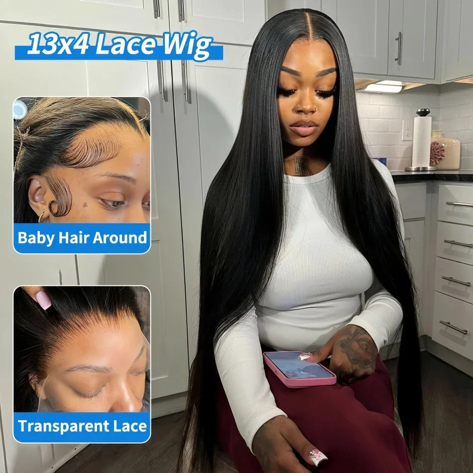 Model wearing a long straight black lace front wig with baby hair