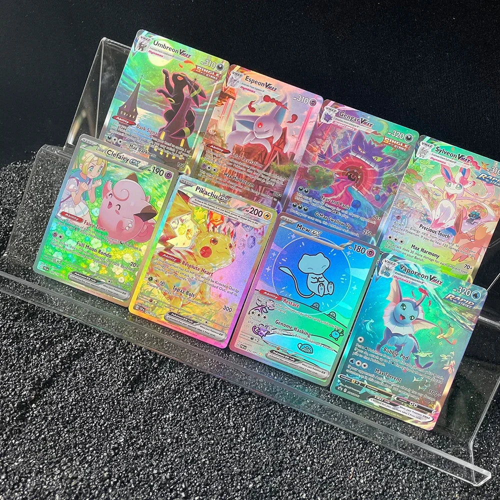 Set of holographic trading cards featuring various animated characters in a display stand