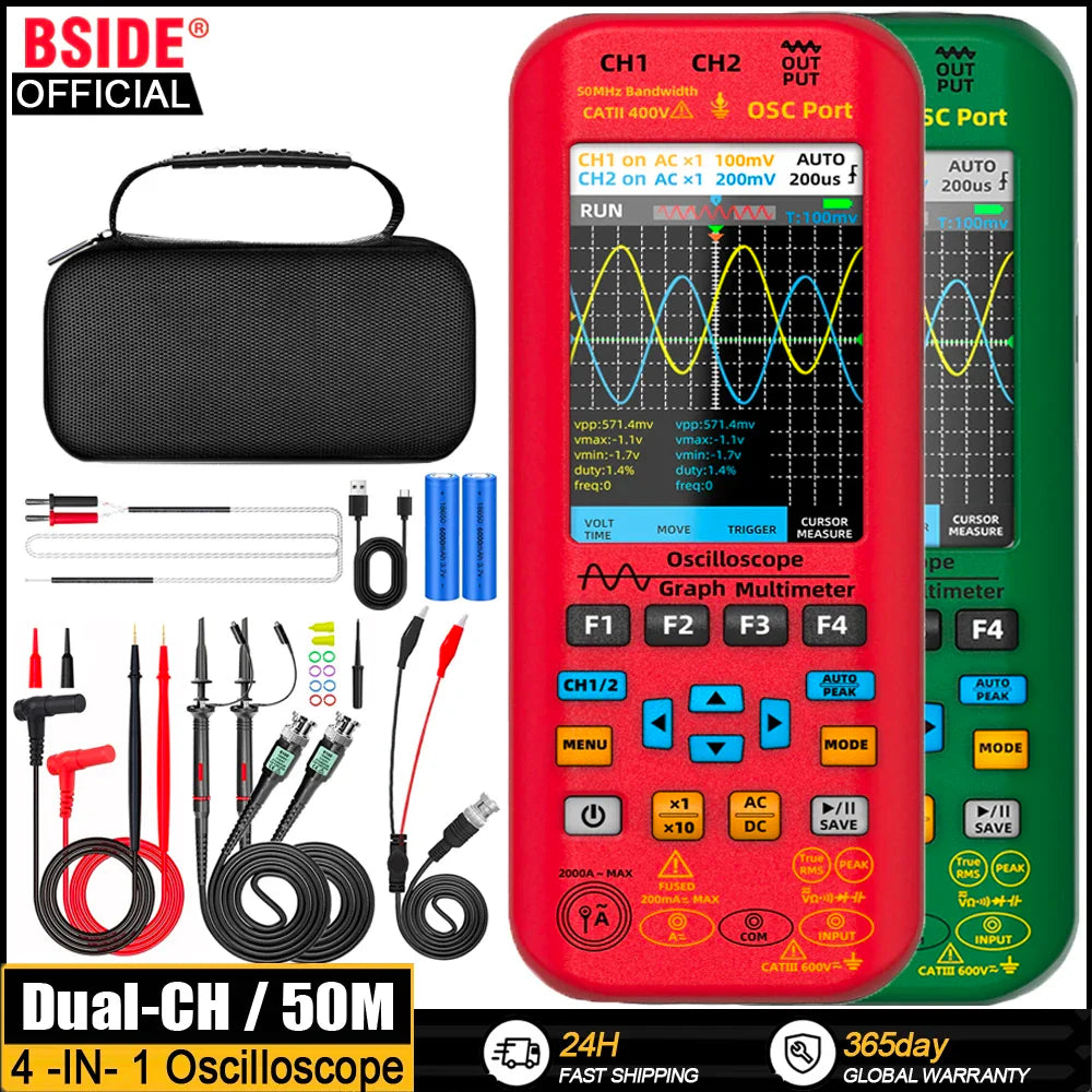 Handheld digital oscilloscope and multimeter kit with test leads, probes, and carrying case