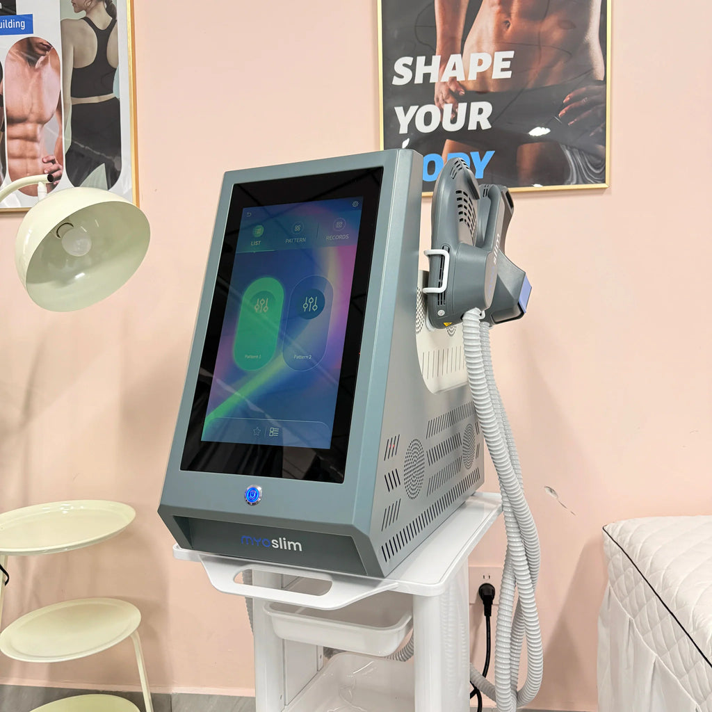 Professional EMS and RF body slimming device with touchscreen in a salon