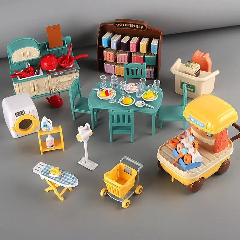 Assorted miniature dollhouse furniture including kitchen, bookshelf, dining set, and laundry items.