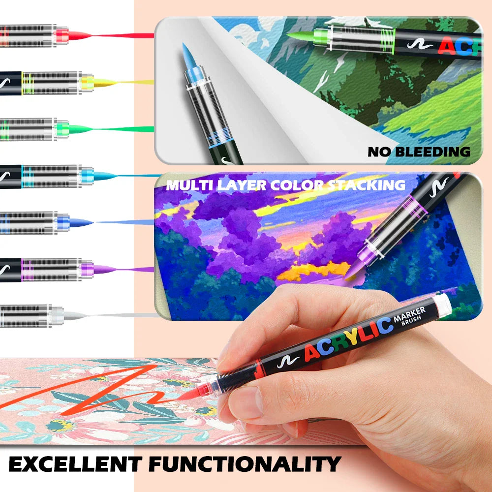 Acrylic paint brush markers showing coloring techniques and art examples