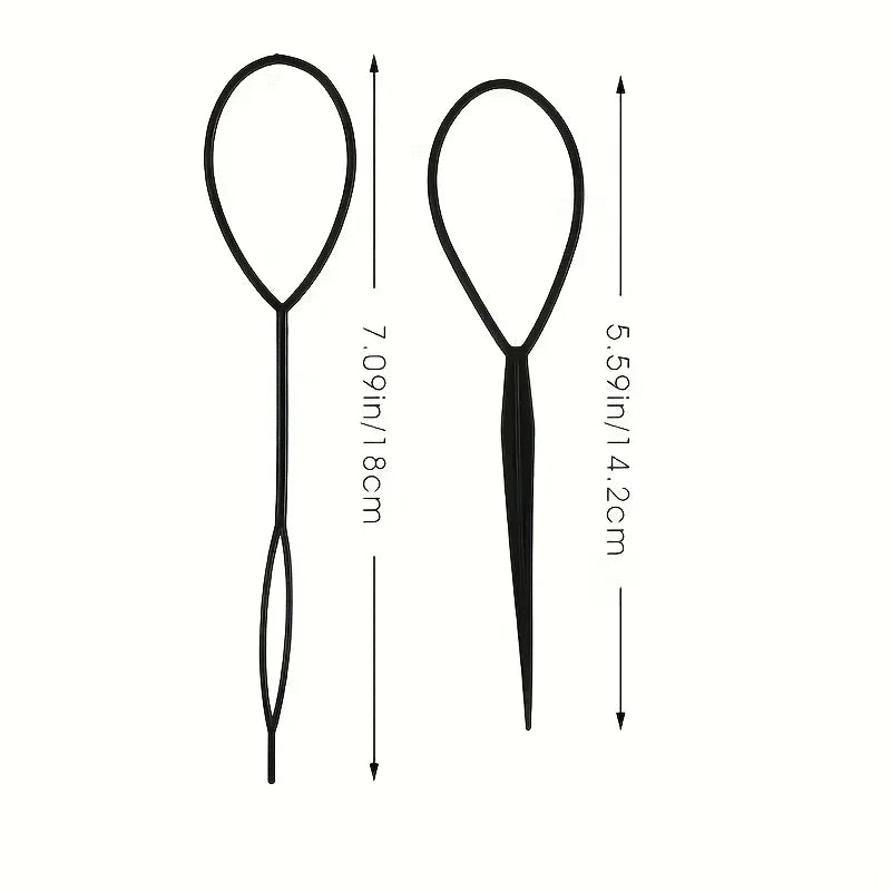 Two black plastic hair styling loop tools with measurement annotations.