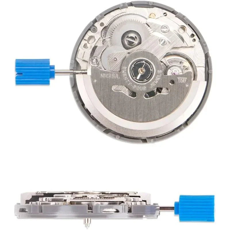 Mechanical automatic watch movement with blue crown, top and side views