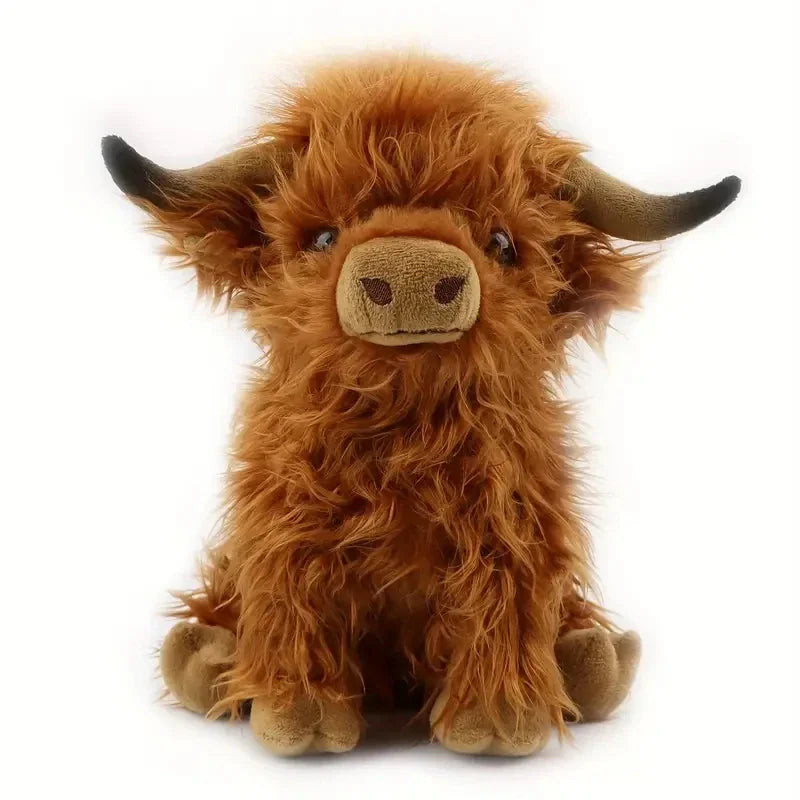 Brown Highland cow plush doll with horns and soft fur