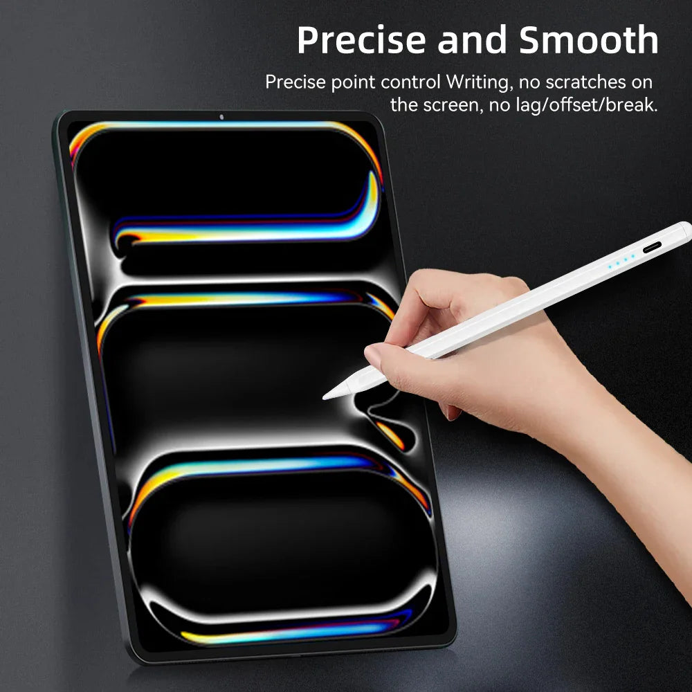 Hand holding a white stylus pen and writing on a tablet screen