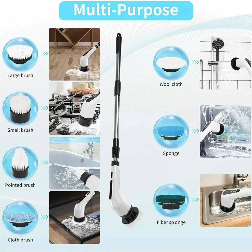 Demonstration of various cleaning brush heads for kitchen and bathroom surfaces