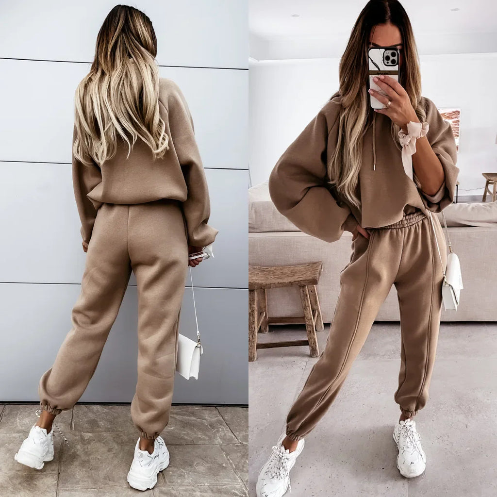 Front and back view of a brown long sleeve hooded sweatshirt and matching jogger sweatpants set