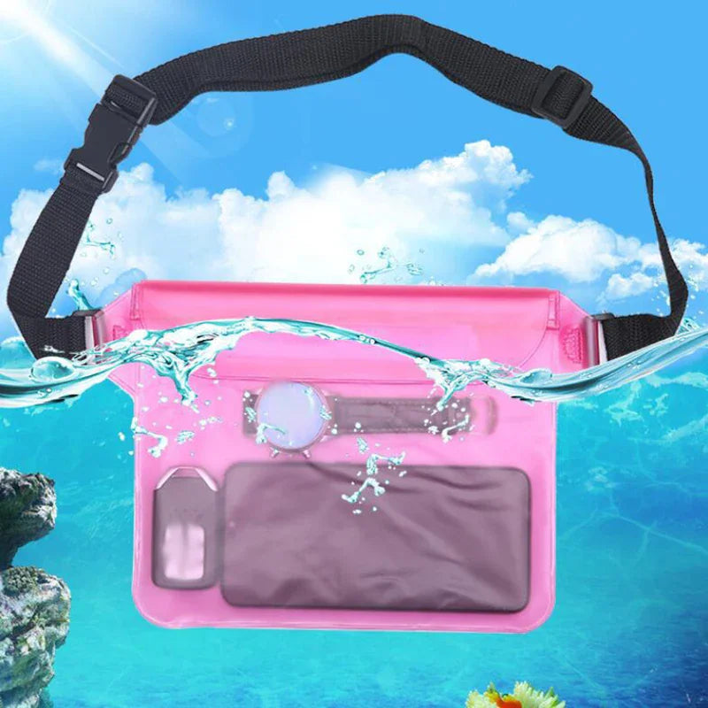 A pink waterproof waist bag with a phone inside, displayed against an underwater background