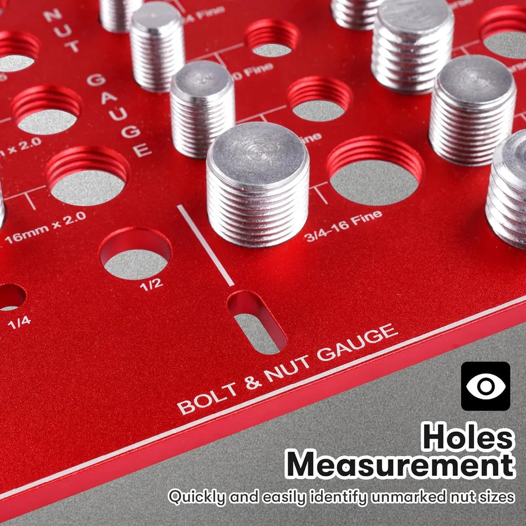 Close up of a red metal bolt and nut thread checker gauge with metric and standard labels