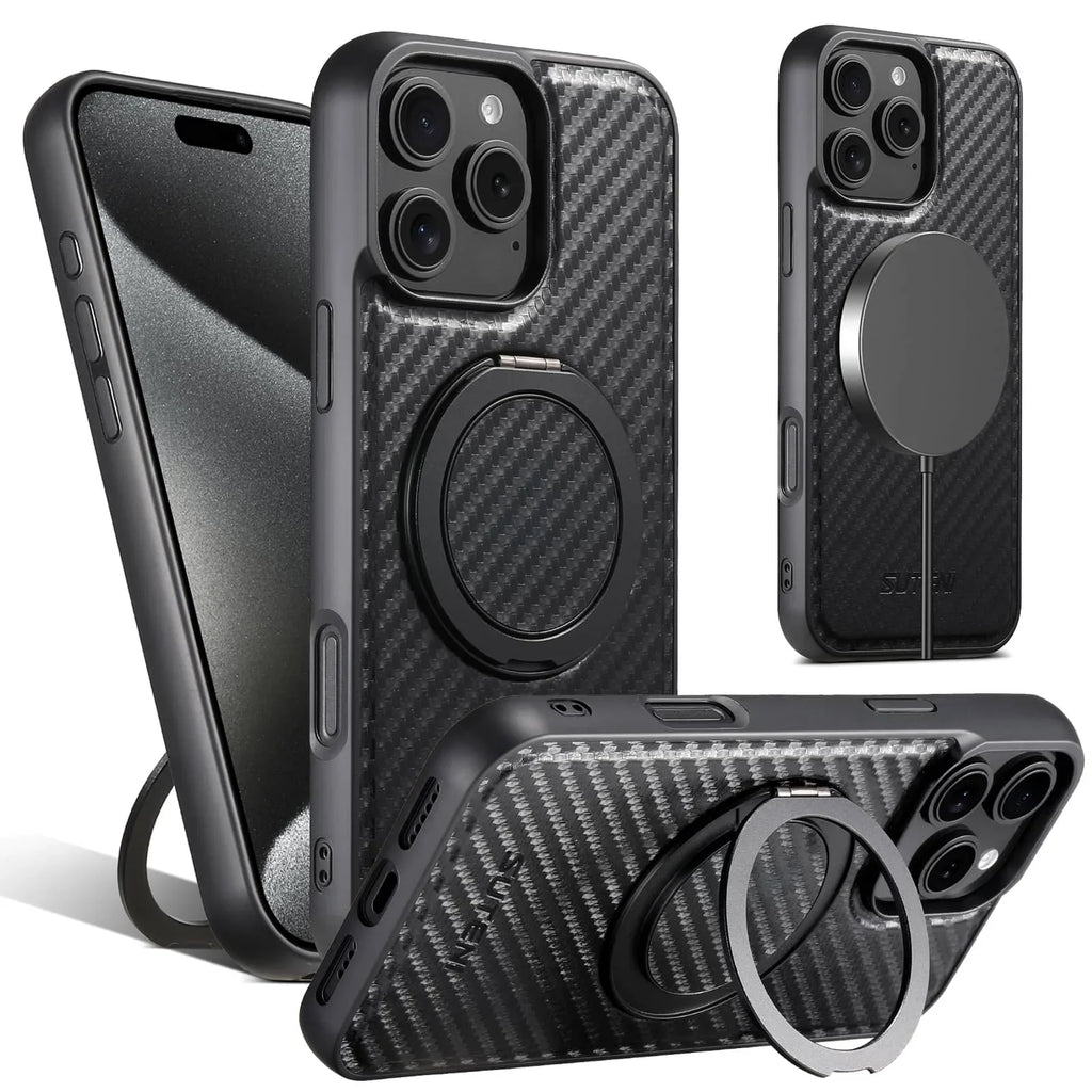Black carbon fiber-style protective phone case with a built-in circular magnetic kickstand ring