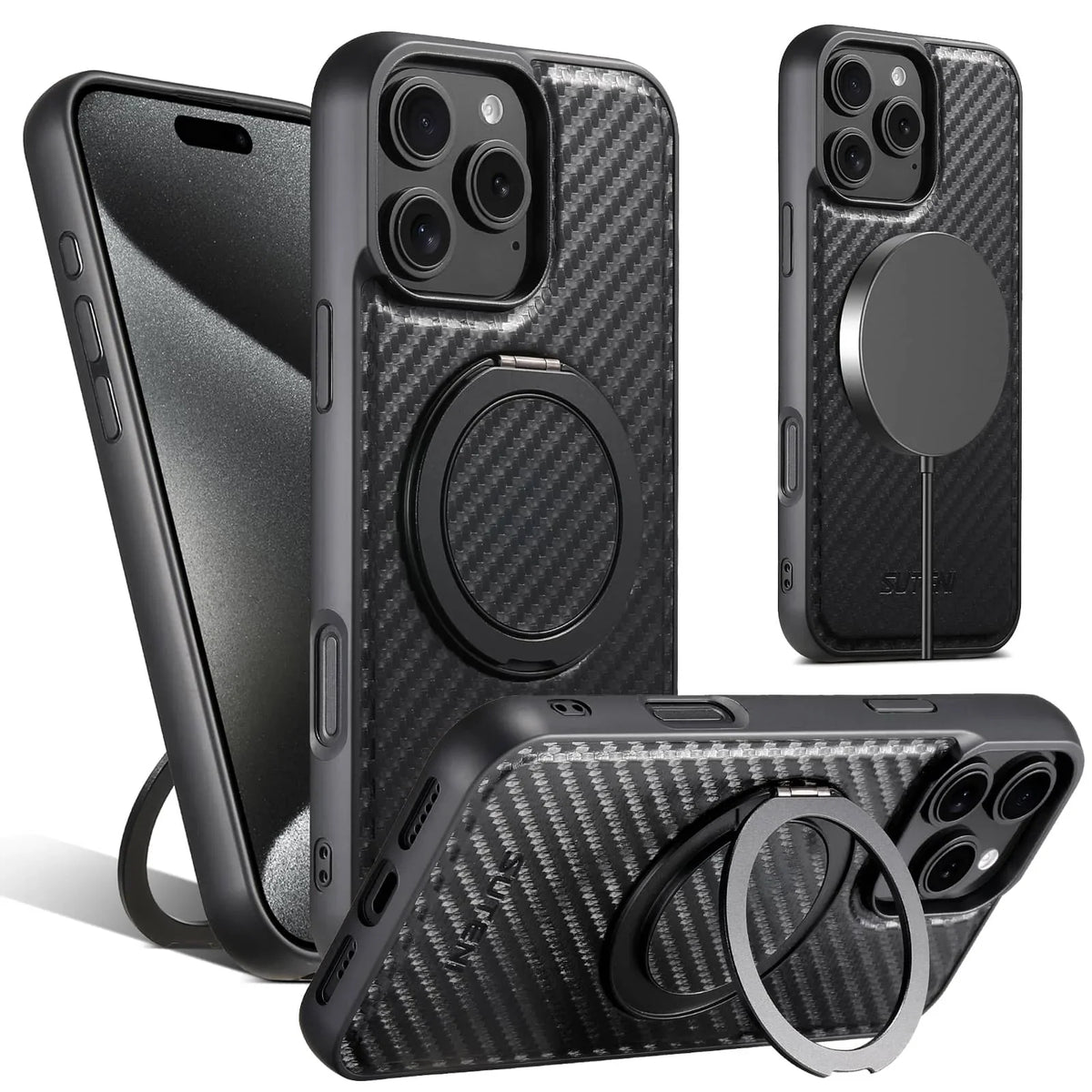 Black carbon fiber-style protective phone case with a built-in circular magnetic kickstand ring