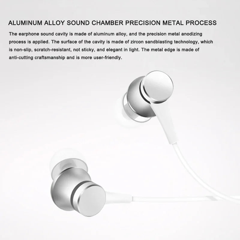 Silver wired in-ear headphones featuring an aluminum alloy sound chamber
