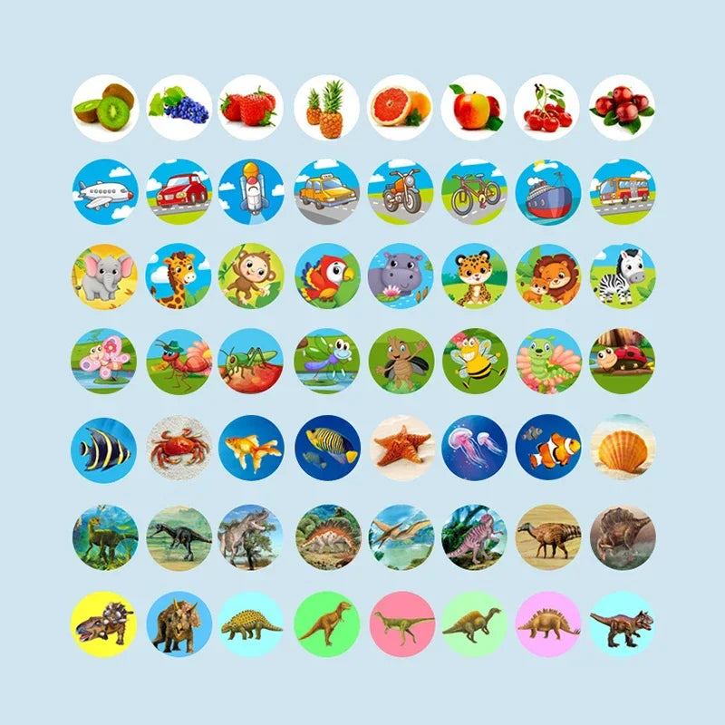 Collection of various circular slide discs featuring cartoon animals, fruits, vehicles, and dinosaurs