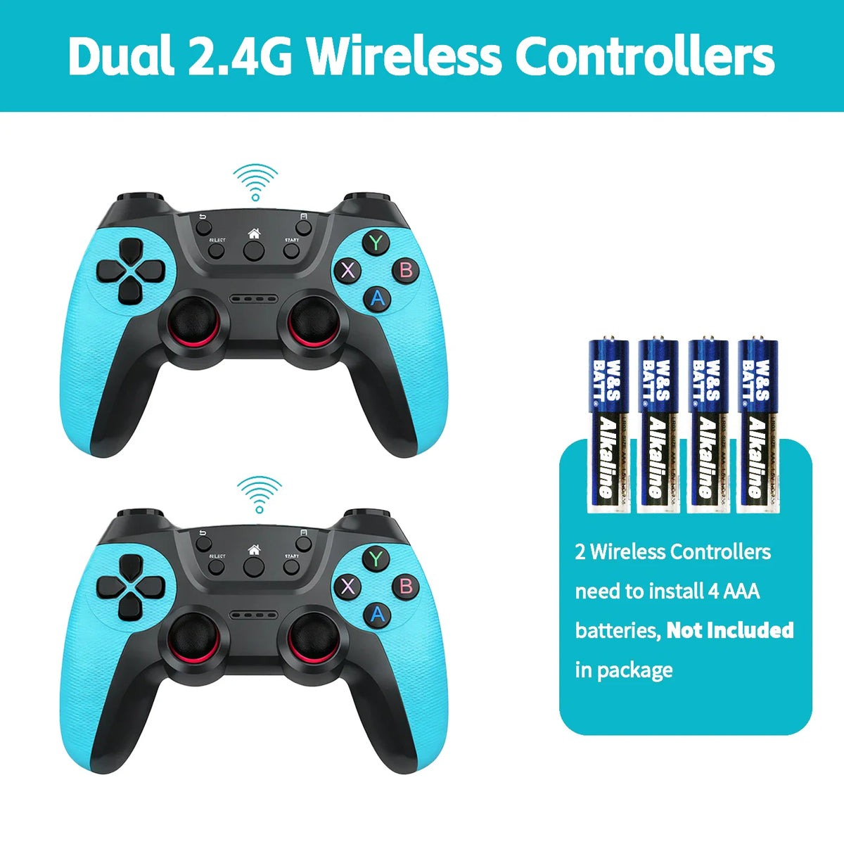 Two light blue and black wireless game controllers shown with four AAA batteries
