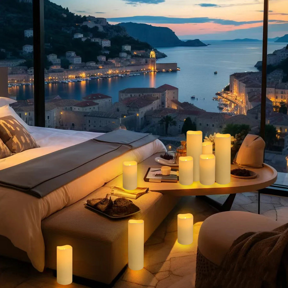 Glowing LED pillar candles placed on a wooden table with a view of a coastal town at dusk.
