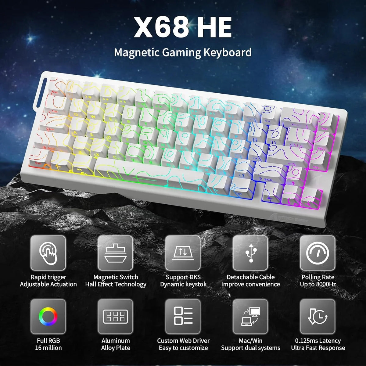 White magnetic gaming keyboard with topographic pattern keycaps and RGB lighting on a rock background.