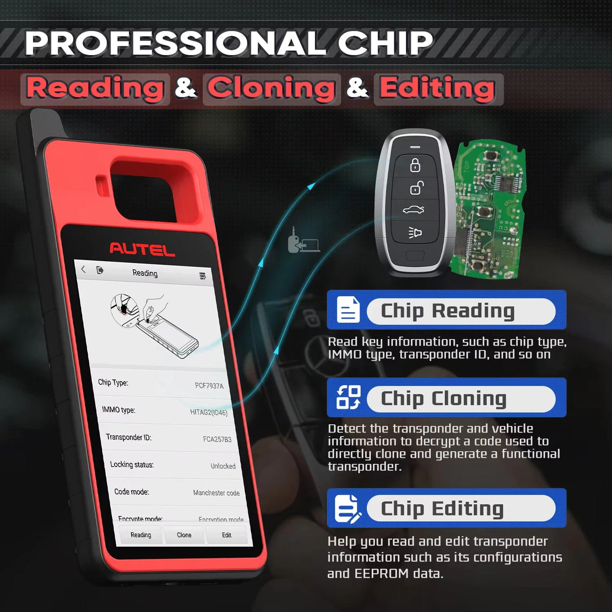 Diagnostic tablet displaying professional car key chip reading, cloning, and editing functions.