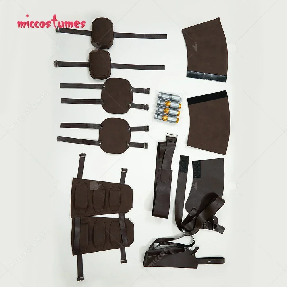 Set of cosplay brown armor pieces including knee guards, shoulder armor, and utility belt