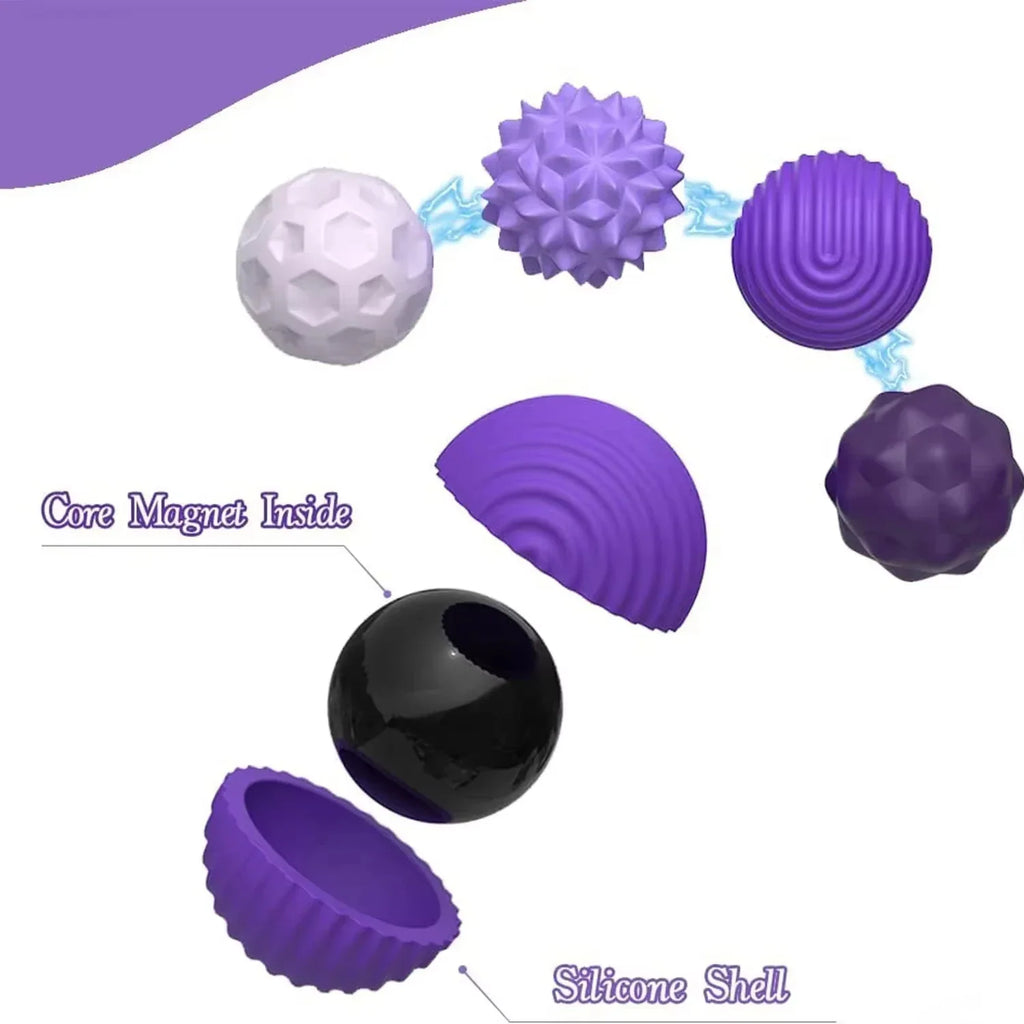 Diagram showing the internal magnet structure and silicone shell of purple sensory fidget balls.