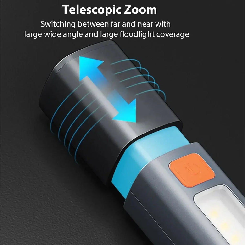 Handheld flashlight illustrating the telescopic zoom feature for light adjustment