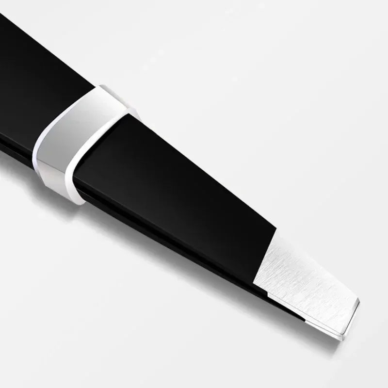 Black stainless steel tweezers with a silver tension clip for secure gripping