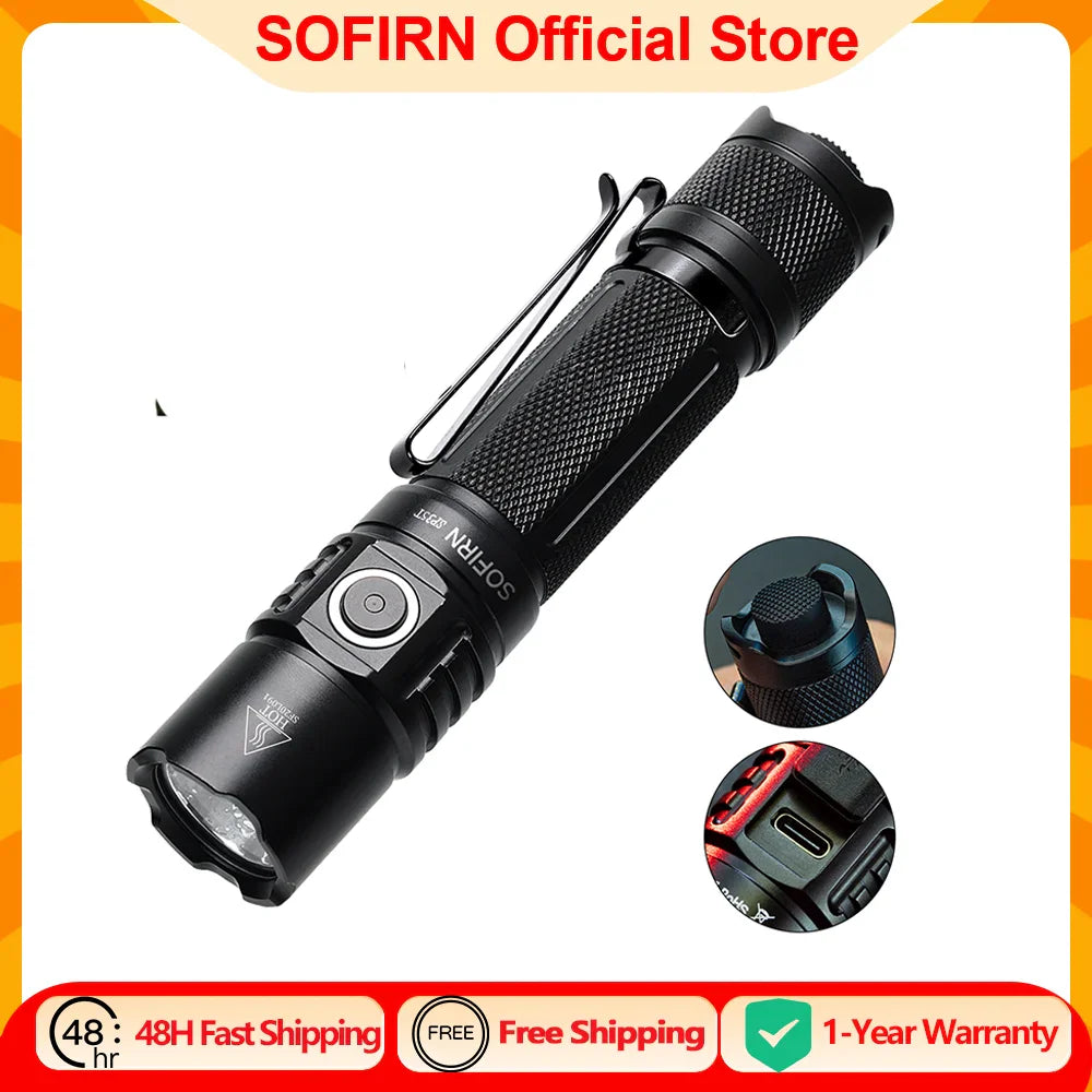 Black rechargeable LED tactical flashlight with detailed views of tail switch and charging port