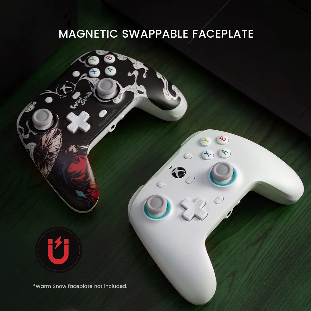 Wired white gaming controller with a swappable magnetic faceplate shown alongside a patterned faceplate