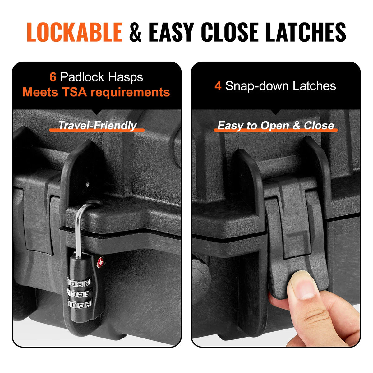 Close up of lockable latches and padlock hasps on a hard rifle case