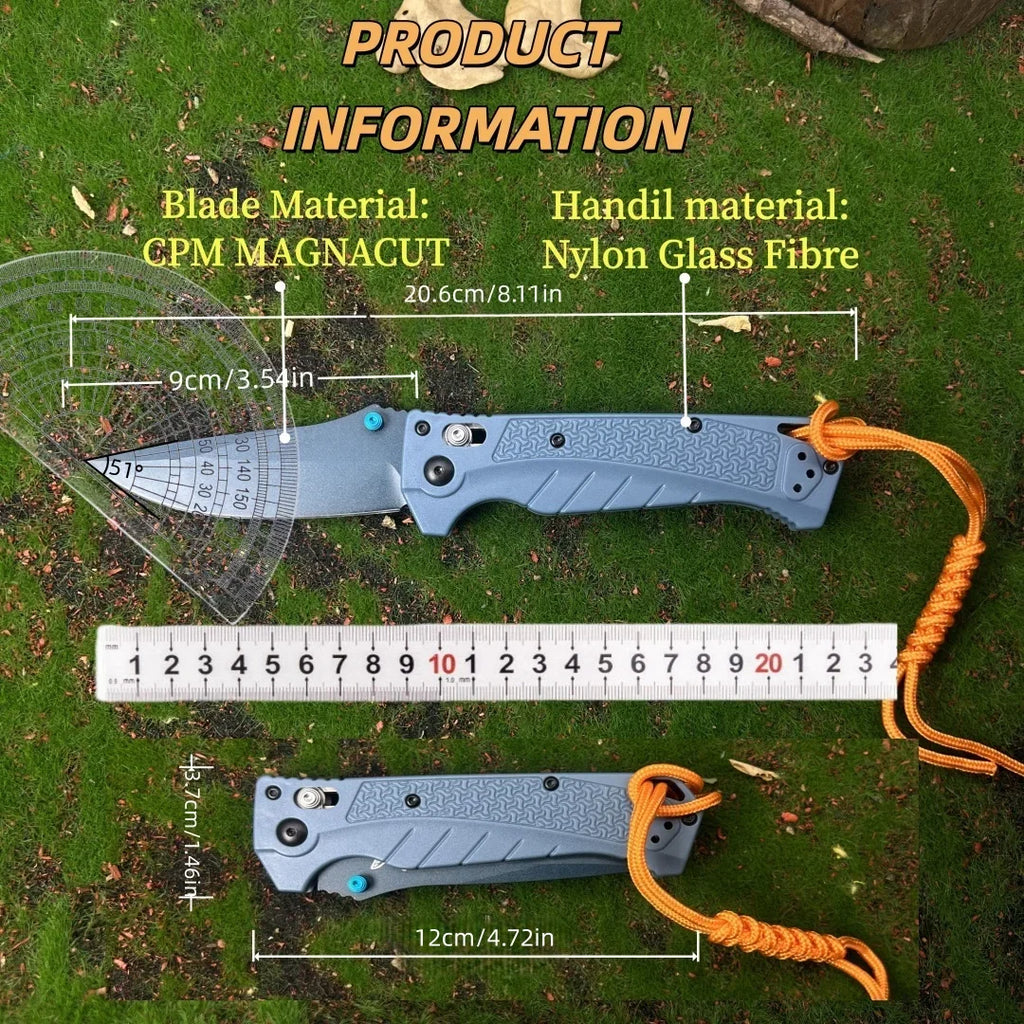 Tactical folding knife with size measurements and material specifications overlaid