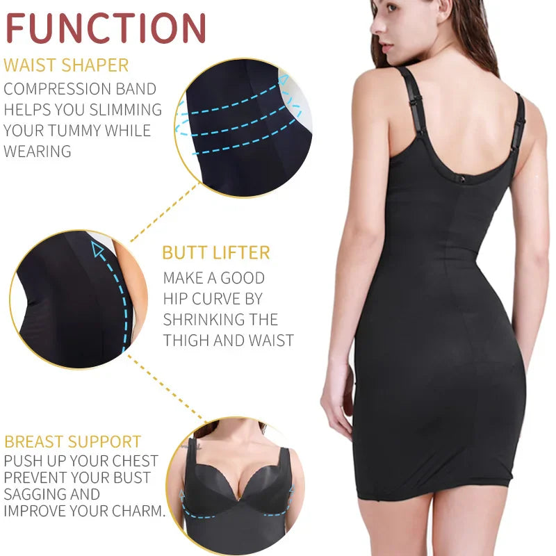 Black full body slip shapewear with explanatory text